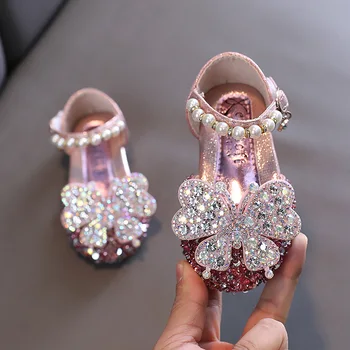 Детски обувки на принцесата с пайети и лък, детски сребристо-розови кожени обувки, обувки за сватбени партита, обувки за танци за момичета G528