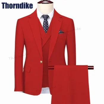 Thorndike Луксозни ежедневни мъжки костюми Бизнес приталенные комплекти блейзеров с изрезки на лацканах, 3 предмет, сватбени и вечерни рокли, костюми за мъже