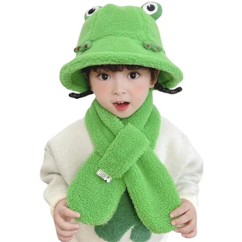 Детска шапчица отвътре с анимационни жаба, зимна детска шапка, шал, Топли шапки за момичета и момчета, зимна детска шапка-кофа, шал, улични детски шапки