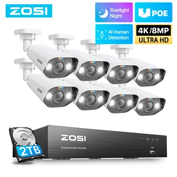 ZOSI 8MP 5MP POE Система от камери за сигурност 8CH 4K NVR комплект за двупосочна аудио IP камера за откриване на човек Външно видео Наблюдение