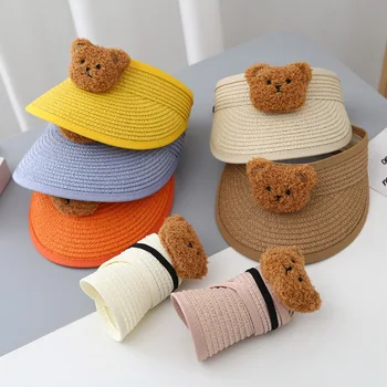 Сгъваема солнцезащитная шапка с хубав мечка, градинска и плажна детска шапка с козирка, сламена шапка, летни детски очила, слънчеви шапки за момичета и момчета