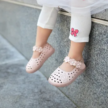 обувки за момичета, Детски кожени обувки за момичета, пролетно обувки принцеса с цветя модел и перли, детска мека дишаща обувки на равна подметка за деца