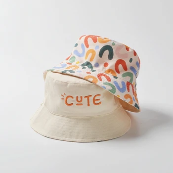 Двустранен детска шапка от слънцето, Скъпа бродирани букви Детска Панама за момчета и Момичета, Лятна Градинска детска шапка-кофа