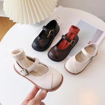 Мозайка шиене за момичета, просто однотонная универсален детски кожени обувки 2023, пролетно ежедневни обувки за момчета, детска мода