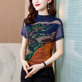 основна риза с националния цветисти принтом 2023, женски реколтата, блузи в стил харадзюку ханфу, китайска етническа окото риза с къс ръкав, ретро тениска