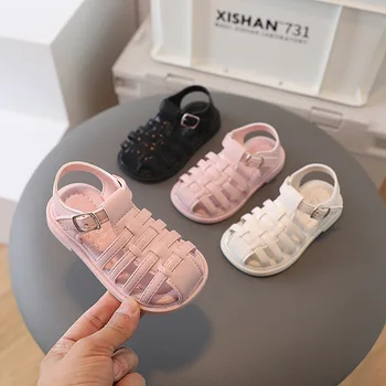 2023 Нови обикновена сандали за момичета винтажного плетене, сандали със затворени пръсти за годишни момичета, детски сандали на равна подметка за момичета, лятна детски обувки