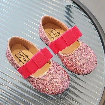 Обувки принцеса с пайети и лък за момичета, модни проста детски обувки за изказвания, вечерни сватбени меки обувки на плоска подметка H817