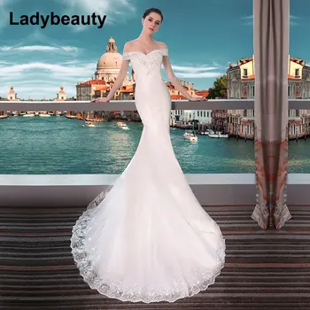 Ladybeauty, новост 2018, секси сватбени рокли на Русалка с деколте лодка, завързана Шаферски рокли с Къс Ръкав на сватбена рокля