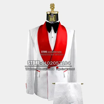 Бял сватбен костюм за мъже 2022, червено палто с ревери, панталони, най-новият костюм на Младоженеца Mariage Homme Slim Fit, вечерна рокля от 2 теми