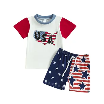 За малки момчета, къс ръкав, Ден на независимостта, 4 юли, САЩ, Тениска с писмото принтом, Блузи, Панталони, детски ежедневни облекла за момче