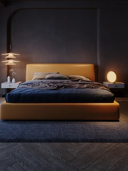 Италианска лека кожено легло лукс и минималистичен, модерен и лесен двойно легло, двойно легло в основната спалня