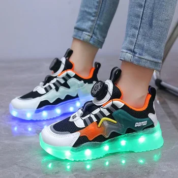 Новата въртяща се бутон за таксуване, за боядисана светещ обувки, спортна ярка лека обувки, детски обувки за момичета и момчета, светещ обувки