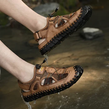 Ежедневни сандали, мъжки летни висококачествени кожени окото сандали изработени ръчно, дишаща градинска спортна плажната обувки, размер 38-48