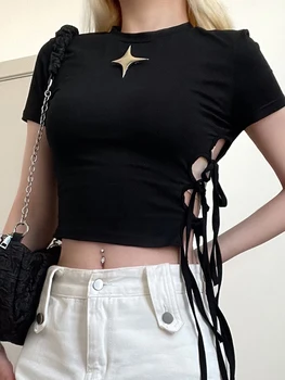 Градинска дрехи, эстетичные тениски с превръзка отстрани, Y2K, Черни дупки, съкратен блузи с къс ръкав, Модерен тънък женски дрешки в стил гръндж