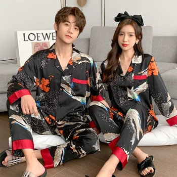 Пижамный костюм с китайското принтом, 2 бр., M-3XL, спално бельо от изкуствена коприна, за влюбени, дълъг ръкав, свободно домашно облекло, пролетно-летни дрехи за сън