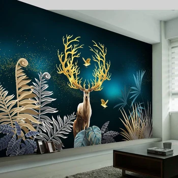 Потребителски 3D фотообои, стенни рисувани в европейски стил, творчески ръчно рисувани Листа от тропически растения, Златна Лосове, фон, Декорация за стени