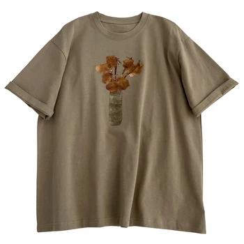 Реколта тениска с кръгло деколте и къс ръкав с флорални принтом, женски свободен топ, годишен
