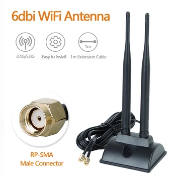 Двойна WiFi Антена RP-SMA Plug 2,4 Ghz 5,8 Ghz Двухдиапазонная Антена с Магнитно Основание за Безжичен Рутер, PCI-E WiFi Мрежова карта WLAN AP