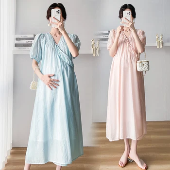5507 # 2023 Лятото на Корейското Модно Рокля-Халат за Бременни с V-образно деколте, широки Дрехи за Бременни Жени, Midi и Дълги Рокли за Бременни
