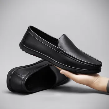 Мъжки ежедневни обувки от естествена кожа, бизнес обувки, мъжки лоферы за офис, мъжки обувки, без закопчалка на равна подметка, висококачествени обувки