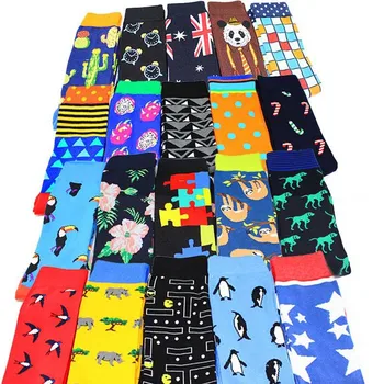 Новост 2019, цветни памучни мъжки дълги чорапи в стил харадзюку, хип-хоп, забавни чорапи с геометрична графика на животни за мъже, Сватбен подарък за Коледа