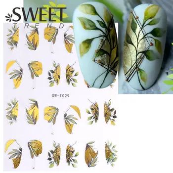 Пролетни стикери за нокти, геометрични линии на зелени листа, 3D Златни люспи, бронзирующие тропически листа, Цветни Етикети за маникюр, типсы, плъзгачи за нокти