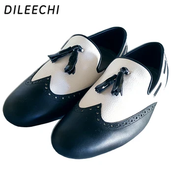DILEECHI/мъжки обувки за латино танци от естествена кожа, модерни бели и черни обувки за танци балната зала, валс и самба, ток 2,5 cm, мека подметка