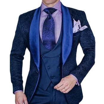 Мъжки костюм, 3 предмет, тъмно синьо жаккардовая плат, бизнес оборудвана костюм за сватбата, булката, парти, банкет, смокинг, яке, жилетка и панталони